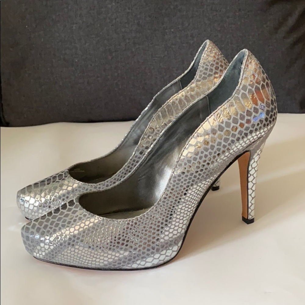 White House Black Market Silver Snakeskin-Textured High Heels